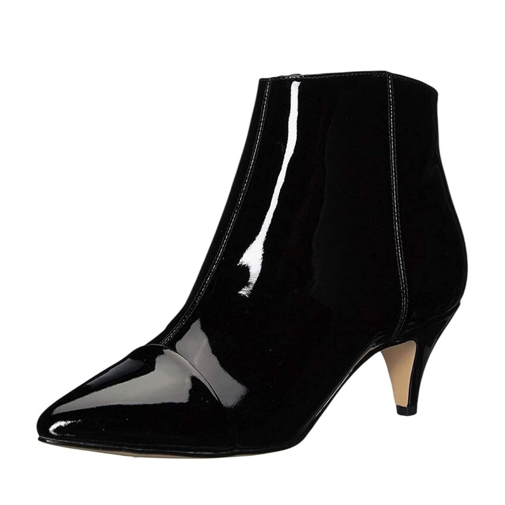 XYD Womens Black Patent Leather‎ Pointed Toe Kitten Heel Ankle Boots Size 8